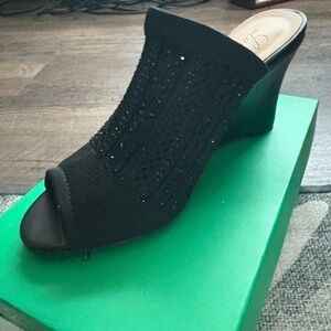 Lauren Lorraine Martha Womens Black Embellished Wedge Mules Open Toe Shoes